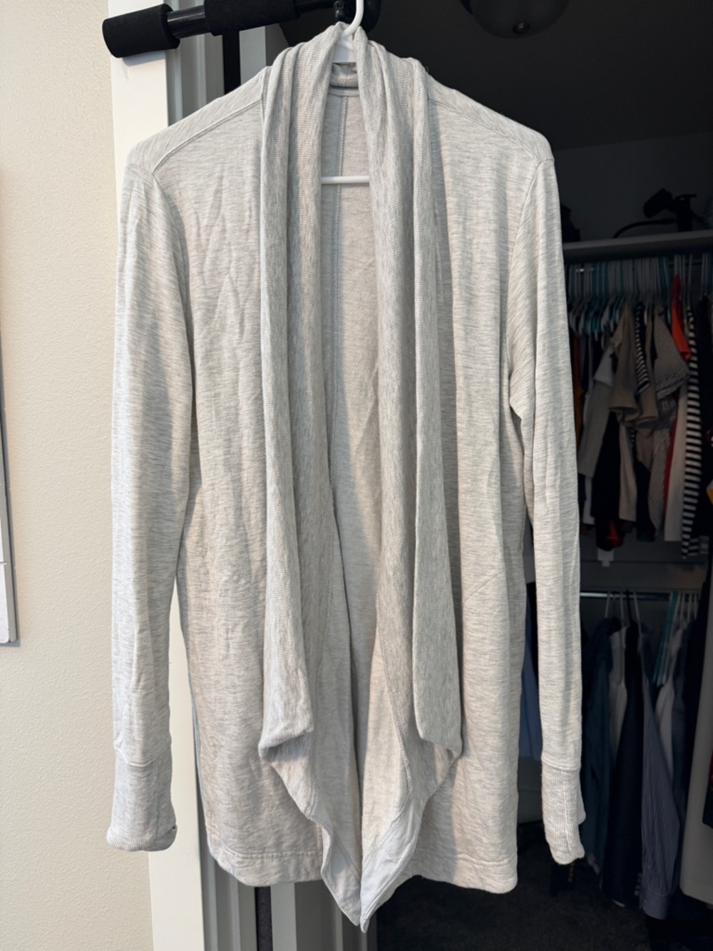 Athleta Women’s Pranayama Restore Wrap, light gray cardigan